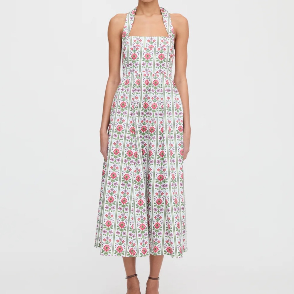 Hill House Fleur Floral Halter Midi Dress in White and Pink